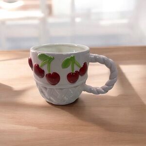 Seeds & Sunshine Cherry Basketweave Coffee Mug Coquette Cottagecore Red Fruit